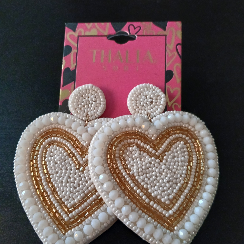 Thalia Sodi White and Gold Beaded Heart Earrings